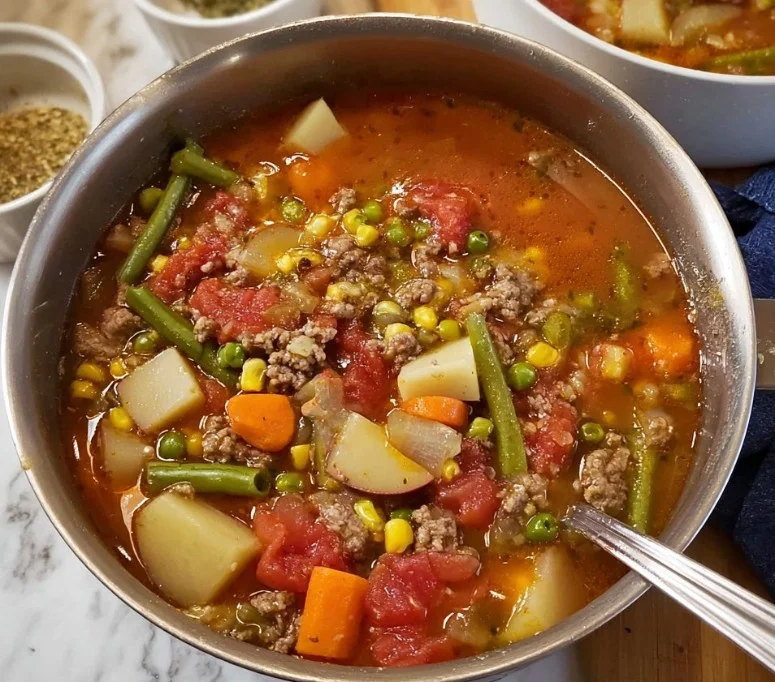 Bowl of easy high-protein vegetable beef soup with fresh vegetables and beef chunks
