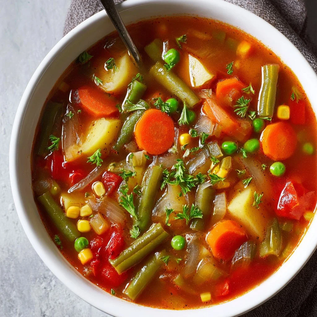 Bowl of easy slow cooker vegetable soup with fresh vegetables and herbs