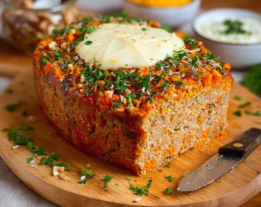 Juicy Ground Turkey Carrot Meatloaf served with vegetables