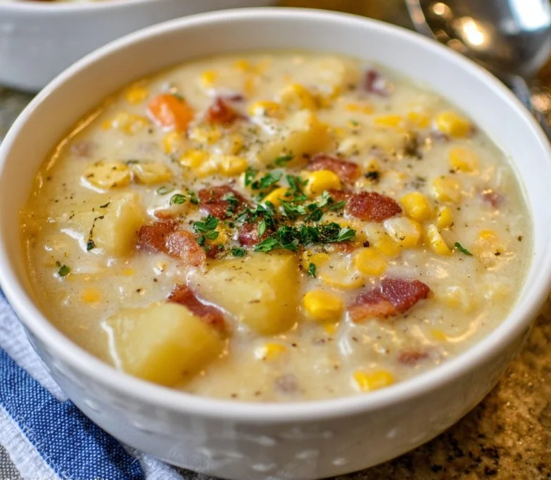 Hearty Crockpot Corn Chowder served in a bowl with fresh herbs on top.