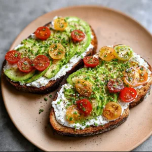High-protein avocado cottage cheese toast topped with fresh herbs and spices.