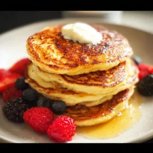 Stack of high-protein cottage cheese pancakes with fresh fruits and syrup