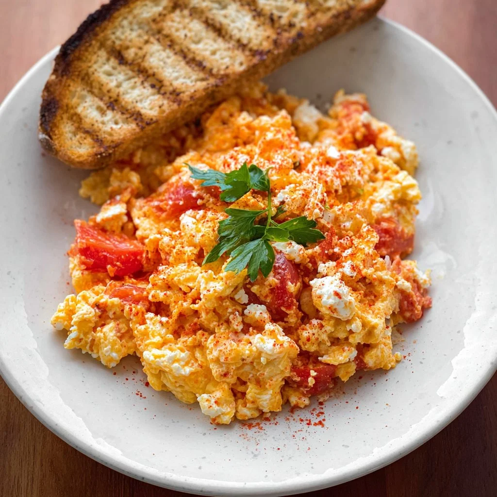 High-protein Greek scrambled eggs with tomato and feta on a plate