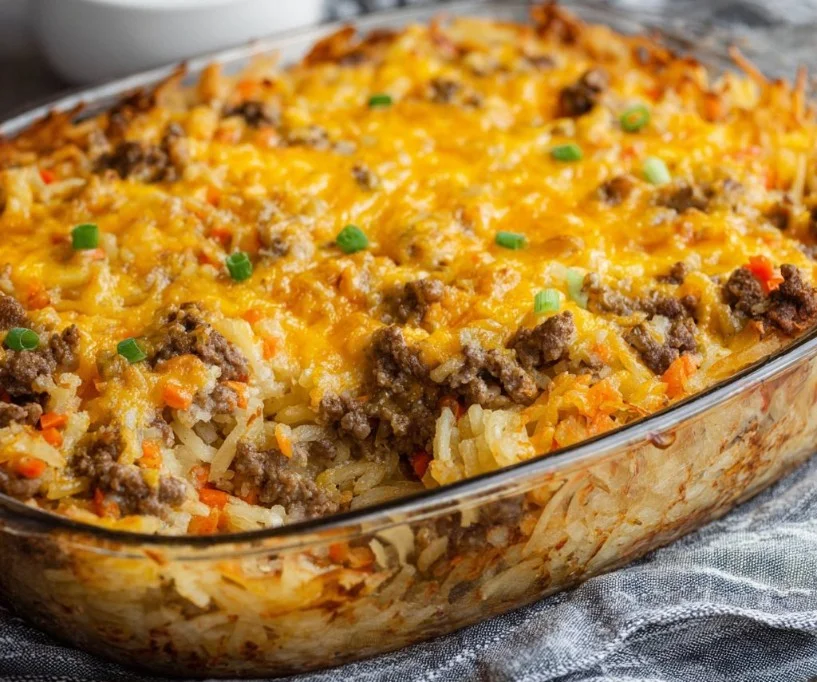 High-protein ground beef and hashbrown casserole dish