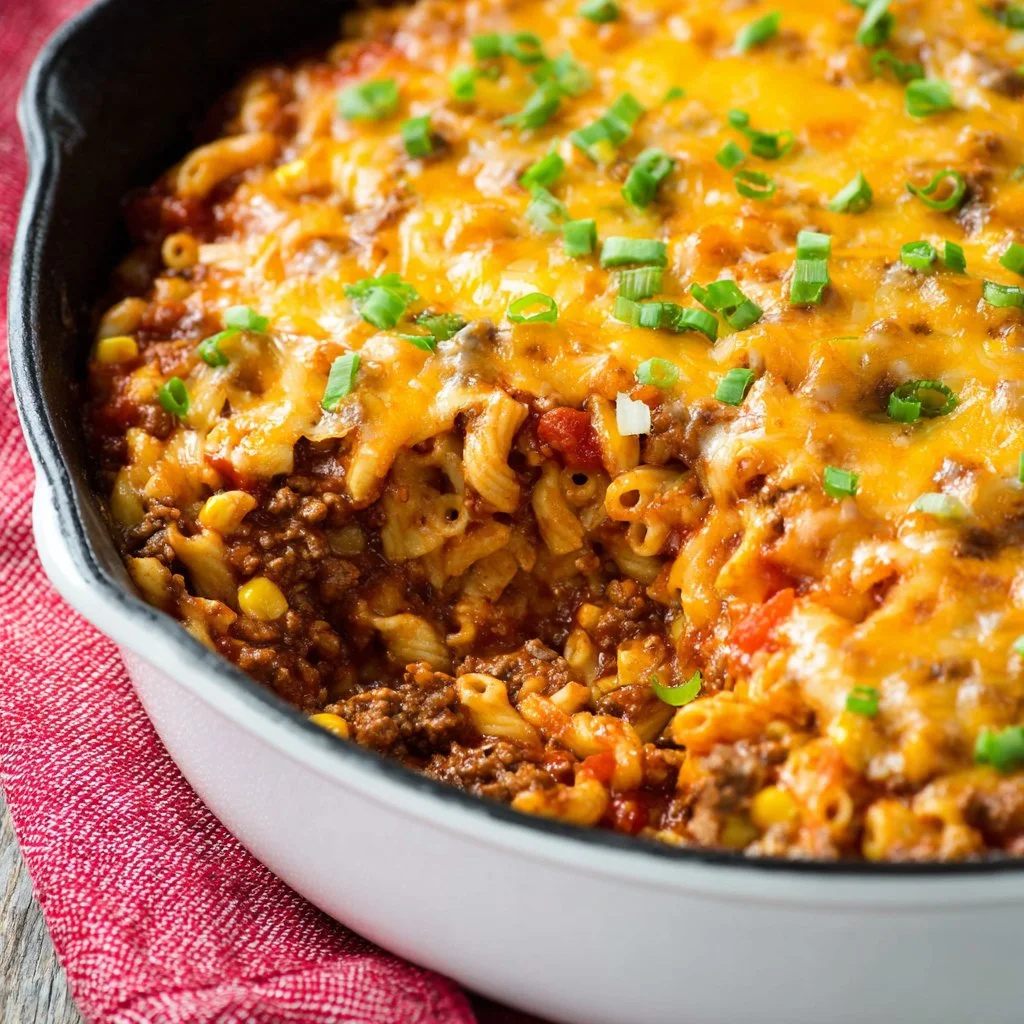 High-protein ground beef casserole served in a baking dish