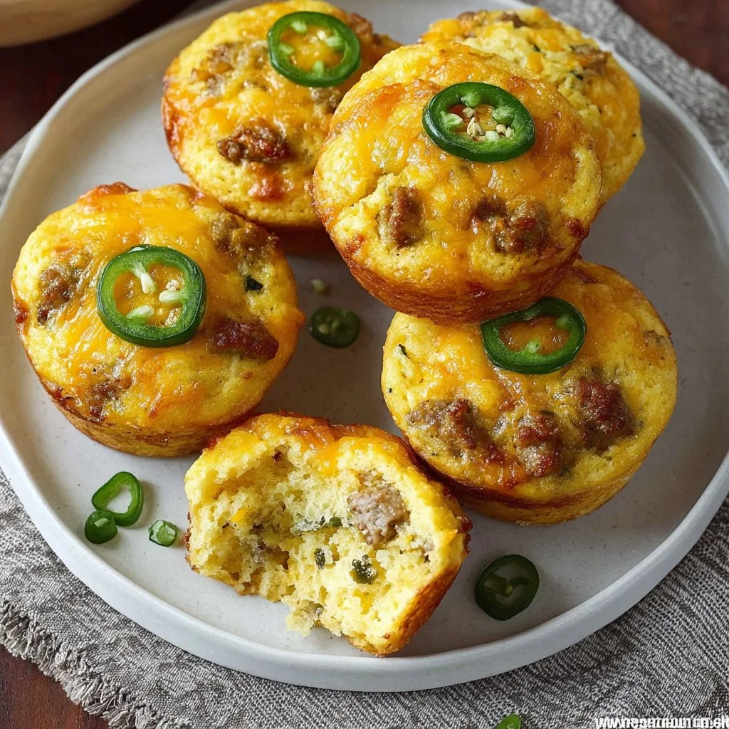 High-protein jalapeño sausage cornbread muffins baked and ready to eat