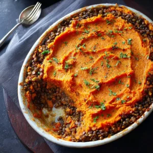 High-protein lentil, mushroom, and sweet potato shepherd’s pie