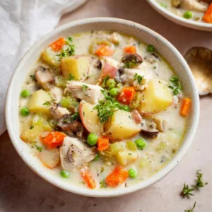 High-protein chicken pot pie soup with vegetables in a bowl