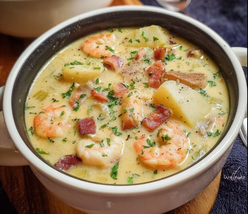 Bowl of high-protein seafood chowder with mixed seafood and herbs