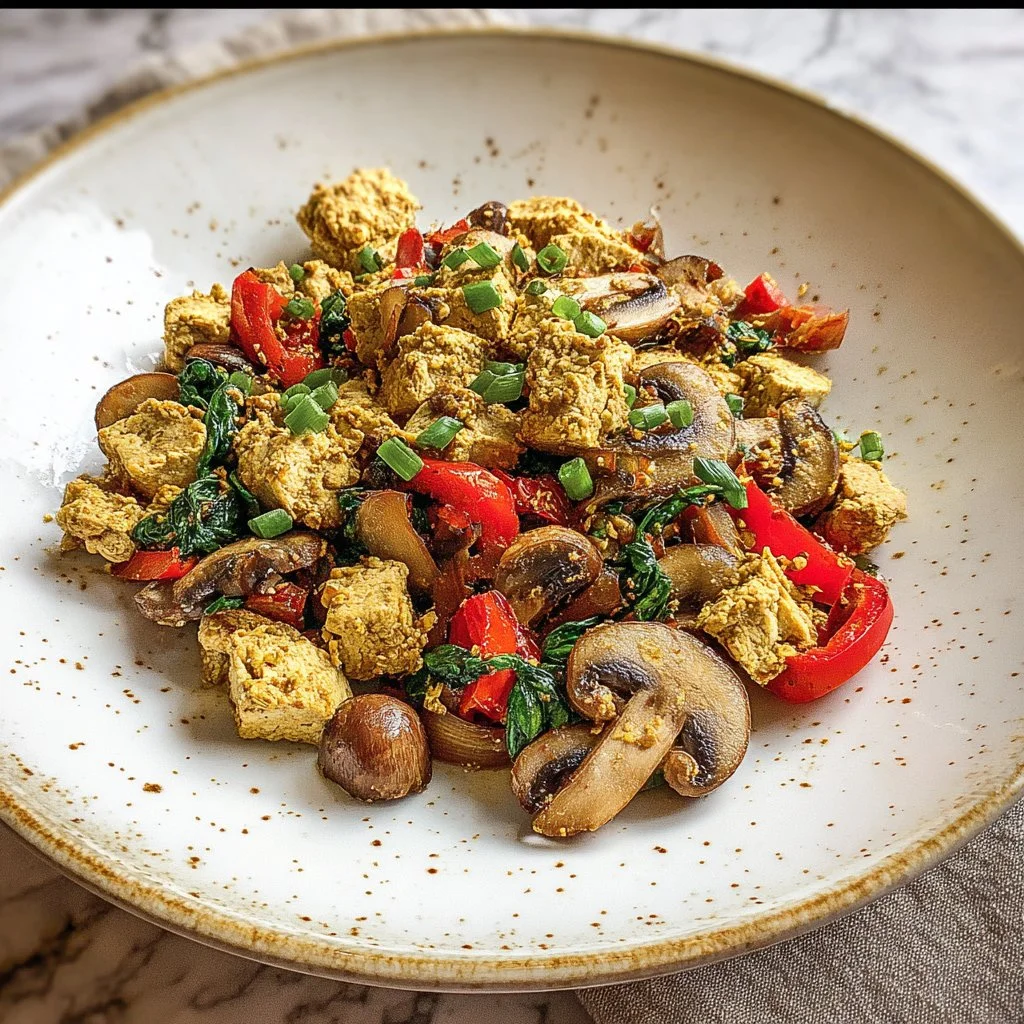 High-protein tofu stir-fry with fresh vegetables in a colorful dish