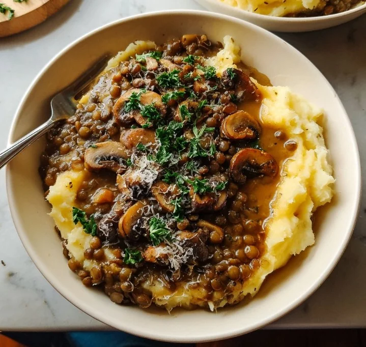 A steaming bowl of lentil mushroom stew served over fluffy mashed potatoes.