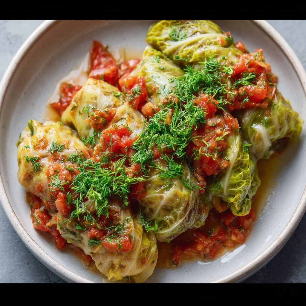 Mediterranean style stuffed cabbage rolls filled with savory meat and rice