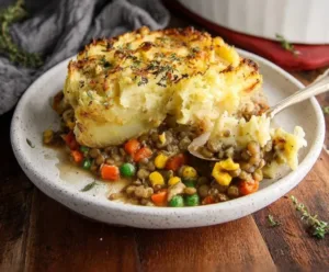 Protein-rich mushroom and lentil Shepherd's Pie served in a rustic dish