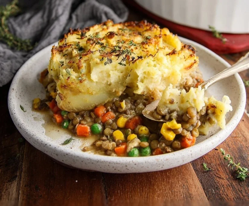 Protein-rich mushroom and lentil Shepherd's Pie served in a rustic dish