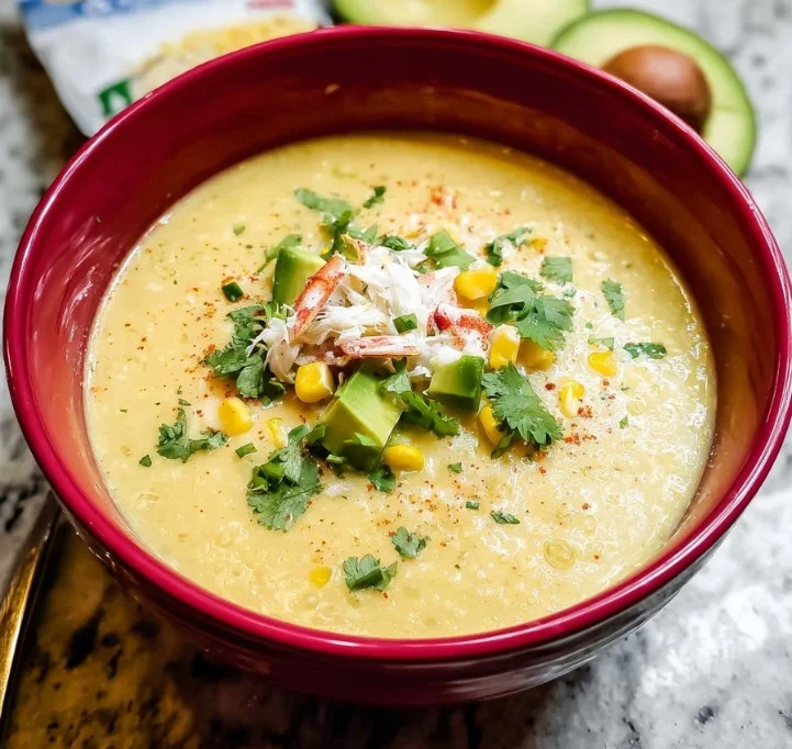 Chilled corn crab soup garnished with herbs in a bowl