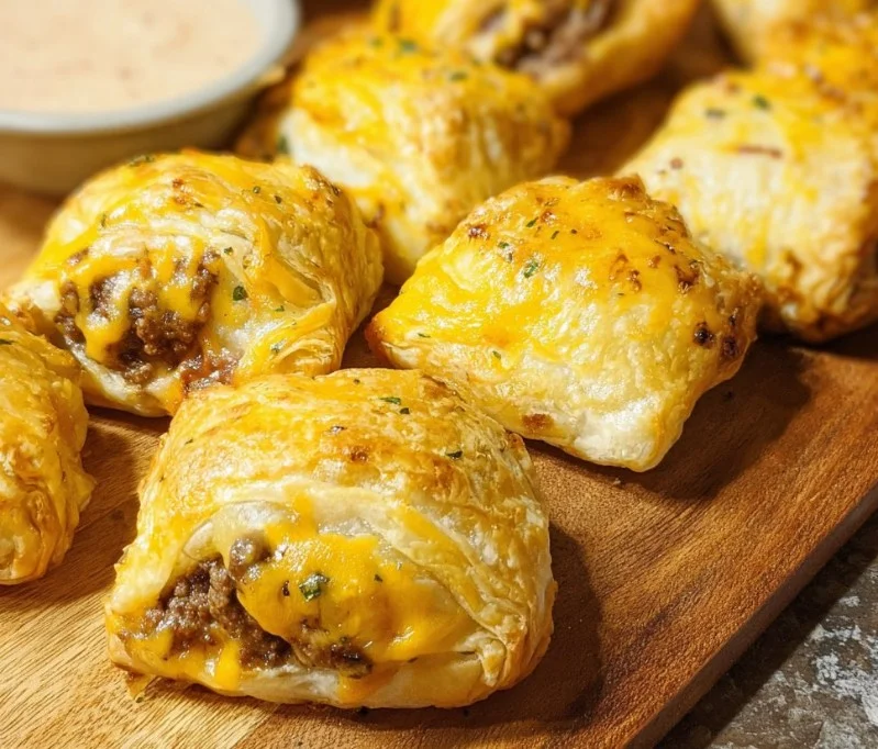 Savory cheeseburger puff pastry bites on a platter