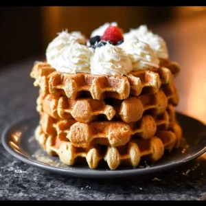 Delicious fluffy protein waffles stacked with syrup and berries