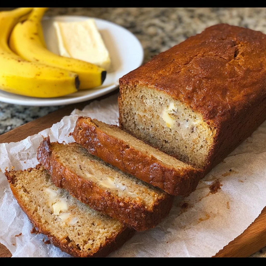 Slice of high-protein banana bread on a wooden cutting board