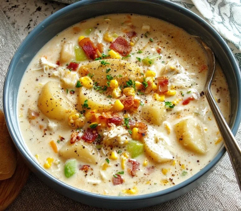 Delicious bowl of Ultimate One Pot Crab and Corn Chowder with fresh ingredients