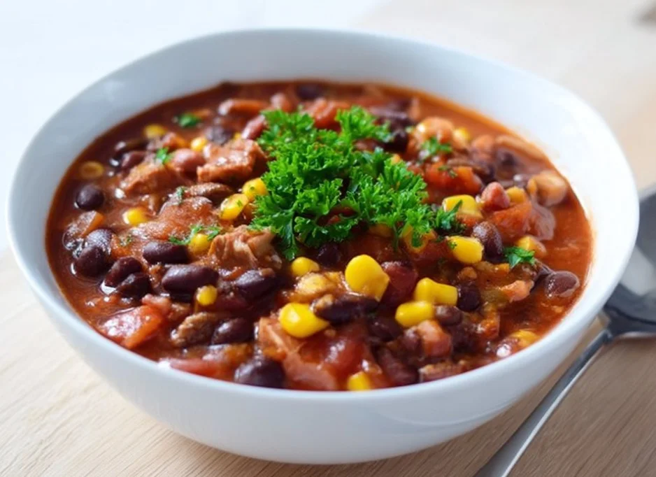 A warm bowl of homemade soup with fresh ingredients, ideal for cold weather meals.