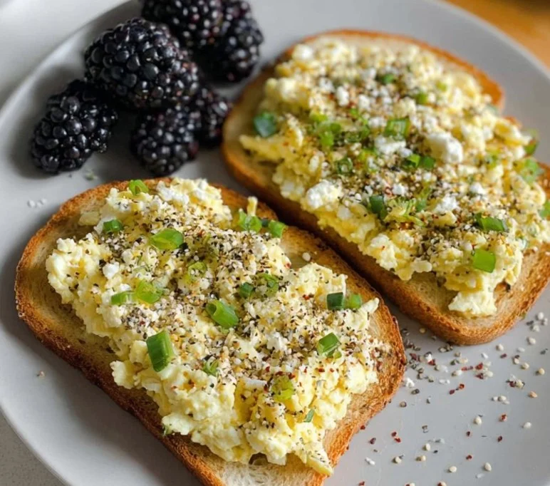 Avocado cottage cheese toast topped with fresh herbs and spices