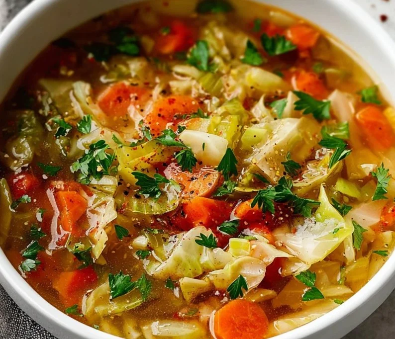 Delicious homemade cabbage soup served in a bowl with fresh ingredients