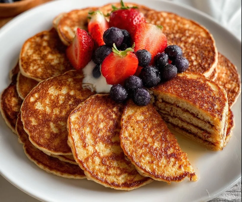 Fluffy blender cottage cheese pancakes served with syrup and fresh berries.