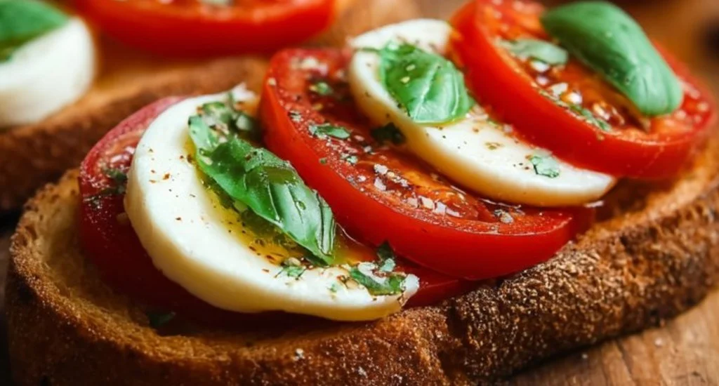 Delicious bruschetta topped with fresh mozzarella cheese and herbs