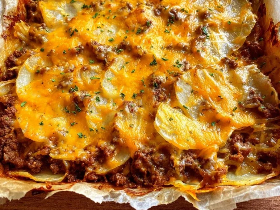 Cheesy ground beef and potatoes dish served in a skillet