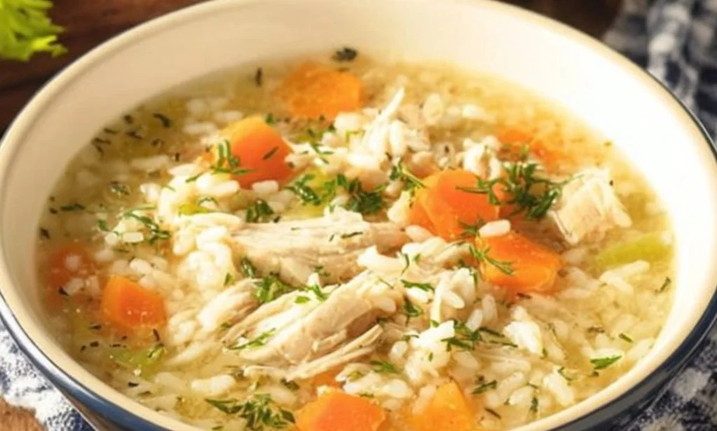 Bowl of Chicken Rice Soup with herbs and vegetables