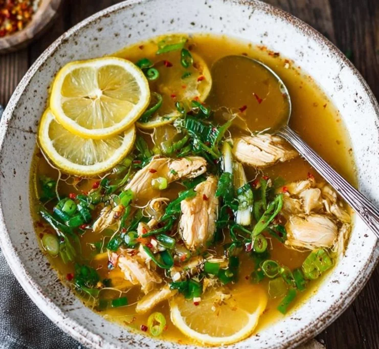 Delicious bowl of homemade chicken soup simmering with fresh ingredients.