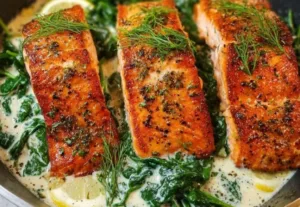 Creamy garlic salmon dish garnished with herbs