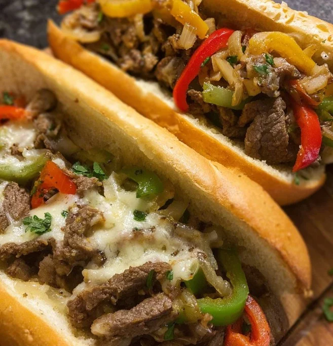 Creamy Philly Cheesesteak sandwich with melted cheese and sliced beef
