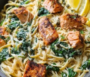 Delicious creamy salmon pasta served with fresh herbs and a lemon wedge