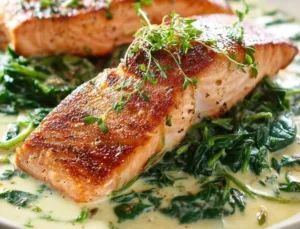 Creamy Spanish salmon dish with vibrant vegetables and herbs
