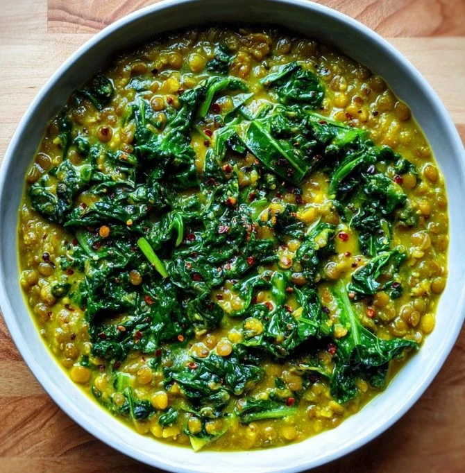 Bowl of curried lentils with kale served with fresh herbs on top