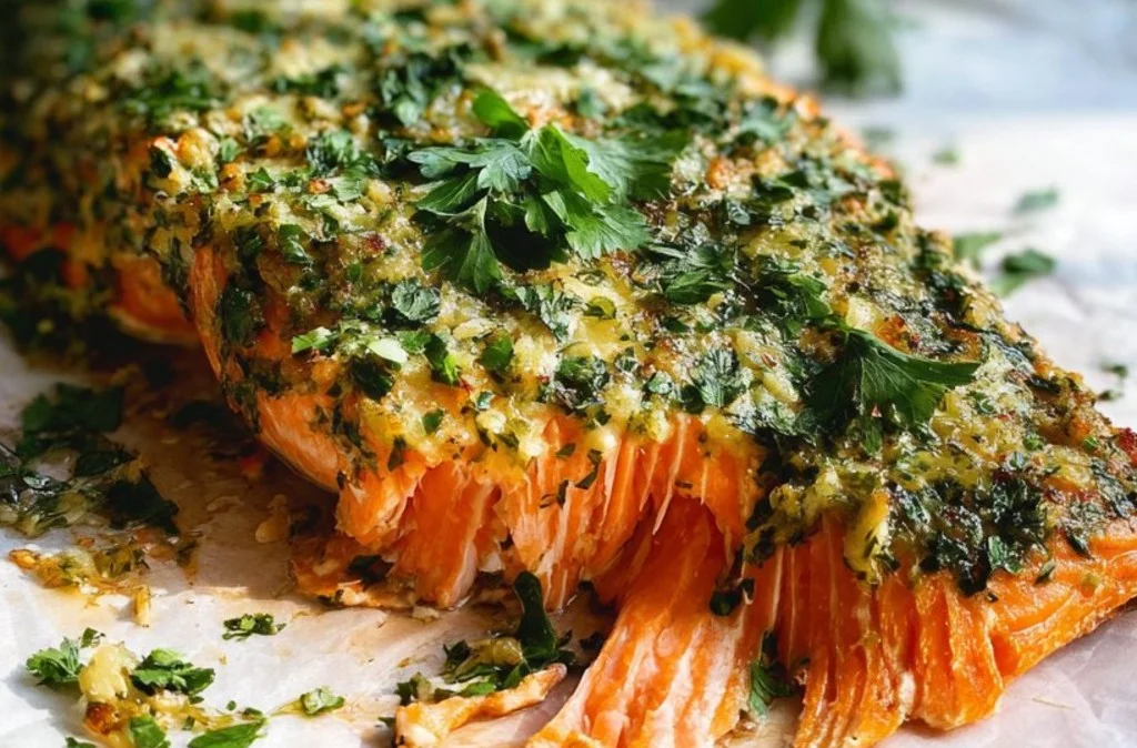Dijon Baked Salmon topped with herbs and spices on a wooden plate