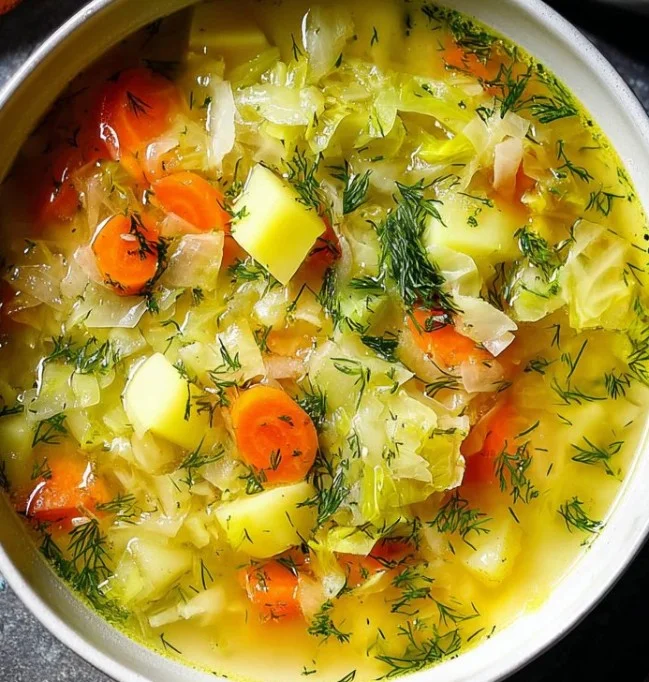 Bowl of easy cabbage soup with dill and vegetables