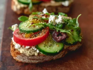 Delicious easy Mediterranean style breakfast toast topped with fresh ingredients