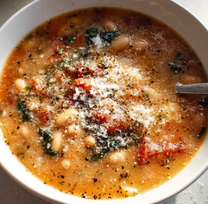Bowl of Fire Roasted Parmesan White Bean Soup garnished with herbs.
