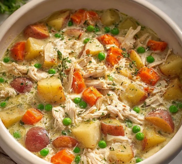 Delicious Garlic Parmesan Chicken Stew in a bowl with fresh herbs on top.