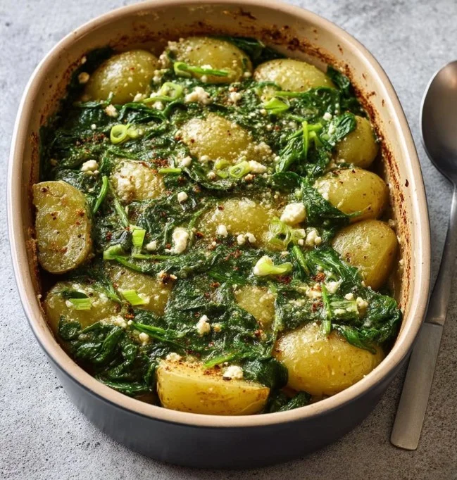 Baked Greek feta and spinach potato casserole served in a dish.