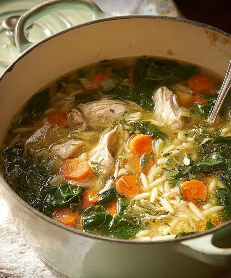 Healing chicken soup with ginger and spinach in a bowl
