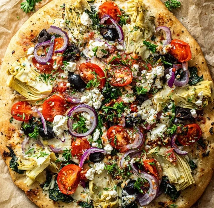 A slice of healthy pizza topped with fresh vegetables and lean protein
