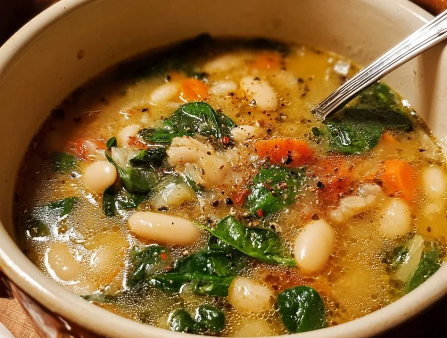 Bowl of hearty Tuscan White Bean Soup with fresh herbs and vegetables