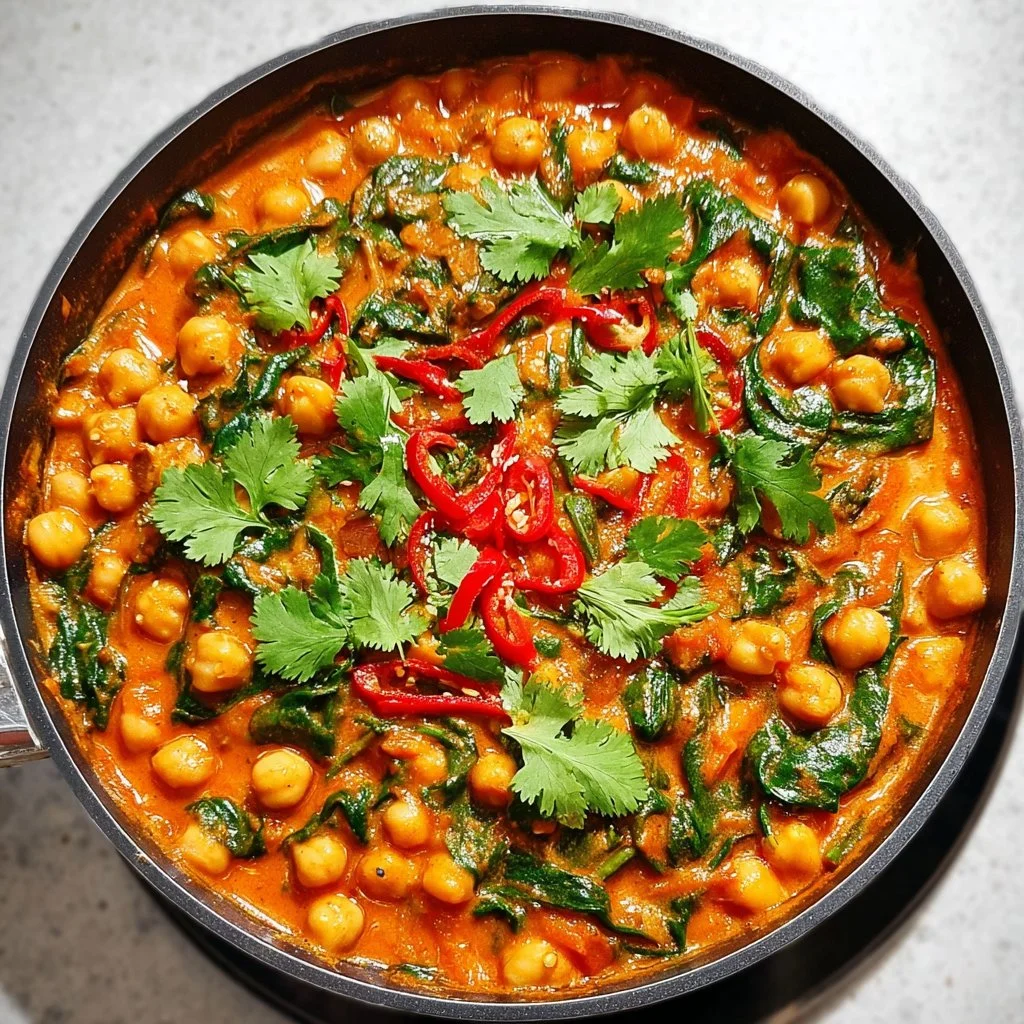 High protein chickpea spinach curry served in a bowl