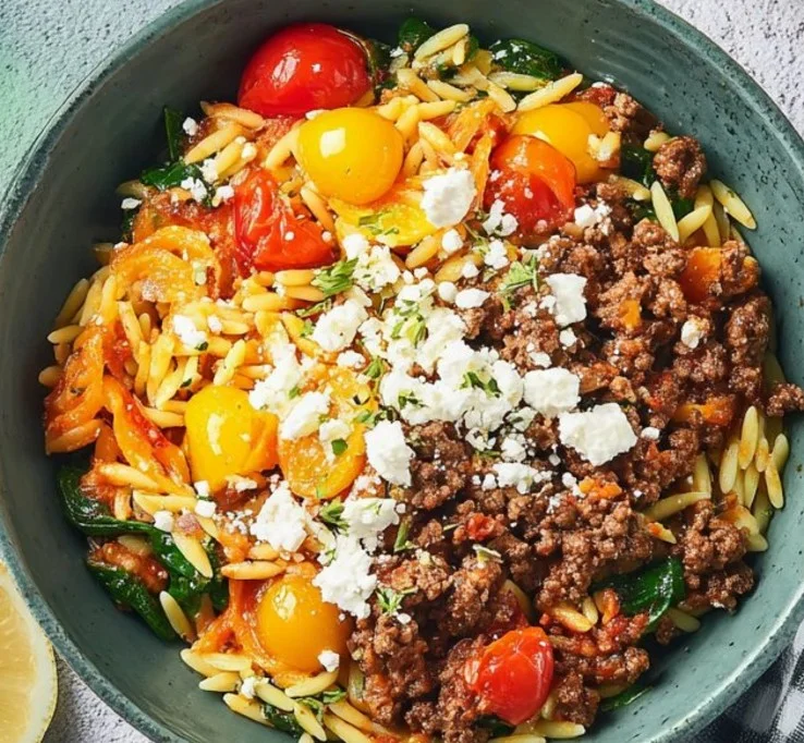 Delicious Lemon Beef Orzo served with fresh herbs and lemon zest