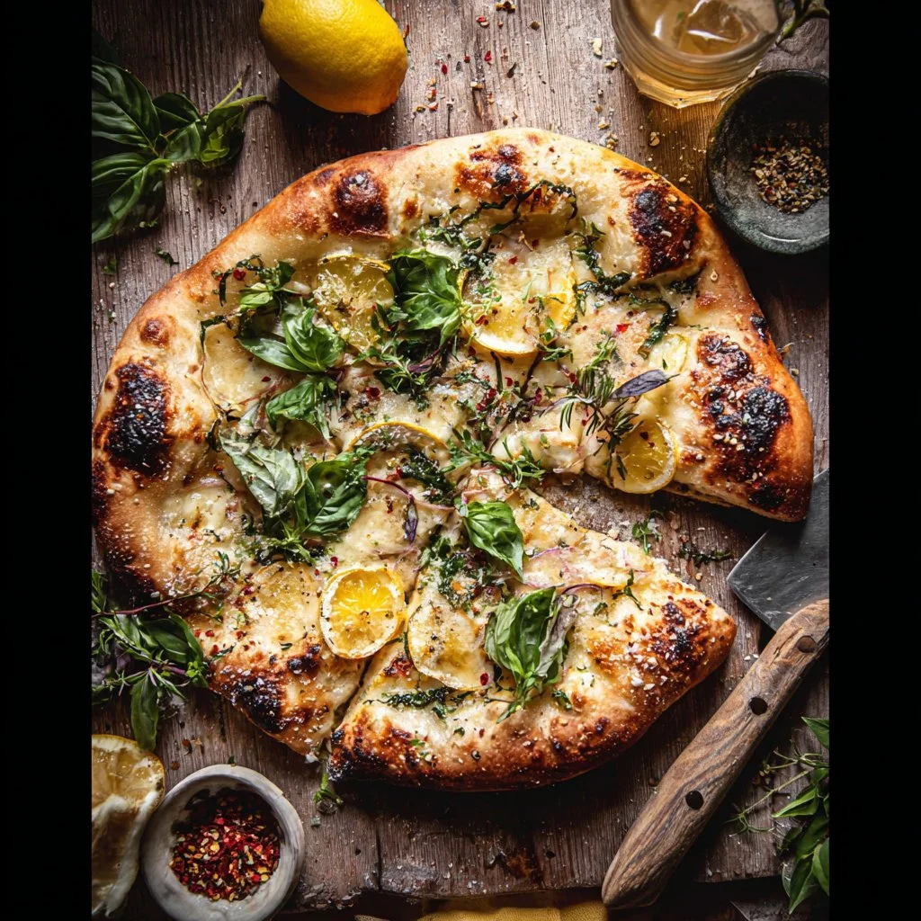 Delicious Lemon Herb Pizza with fresh herbs and lemon slices