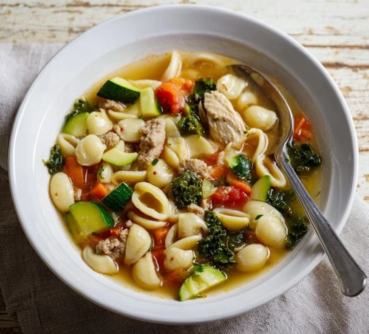 Bowl of Mediterranean Kale and White Bean Soup with Sausage garnished with fresh herbs.
