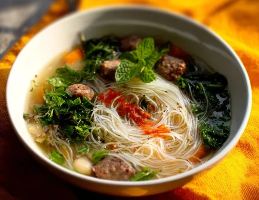 Bowl of Mediterranean Kale & White Bean Soup with Sausage garnished with herbs